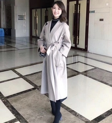 Popular High End Water Ripple Double-Sided Wool Coat Women Long Bathrobe Style Autumn Winter Coat For Female