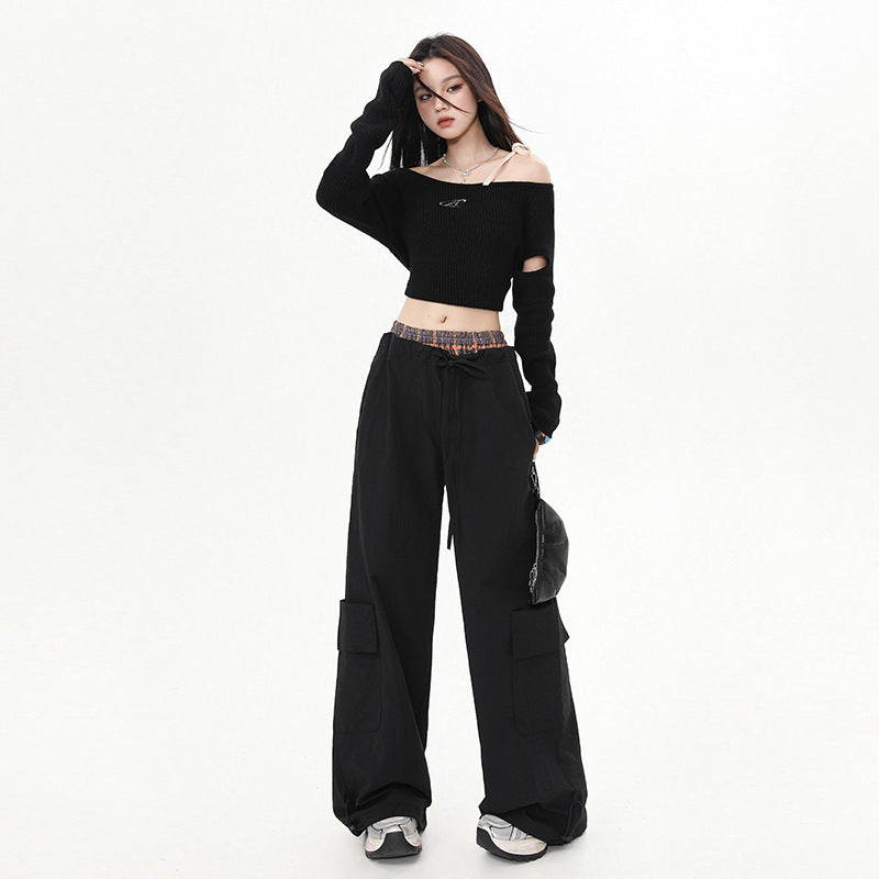 Women's Pants Plaid Splicing Trousers High Street Loose Wide-Leg Work Pants
