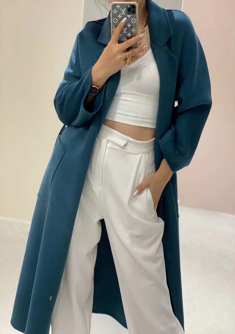 Popular High End Water Ripple Double-Sided Wool Coat Women Long Bathrobe Style Autumn Winter Coat For Female