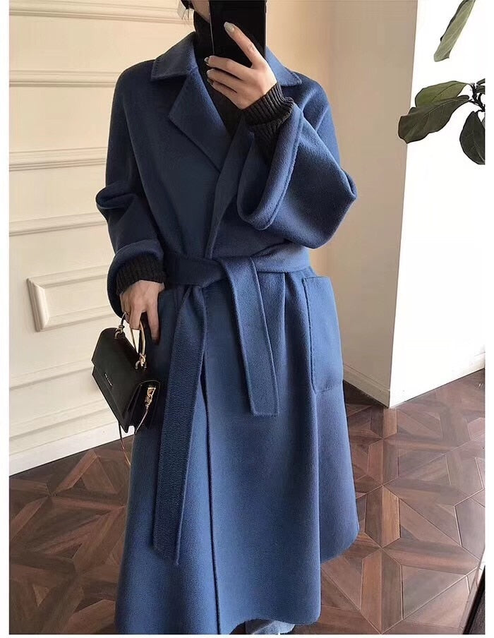 Popular High End Water Ripple Double-Sided Wool Coat Women Long Bathrobe Style Autumn Winter Coat For Female