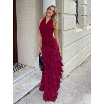 V-neck pleated ruffle hem waist cinching sexy dress