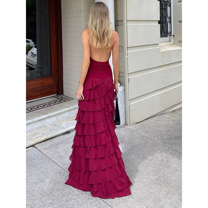 V-neck pleated ruffle hem waist cinching sexy dress