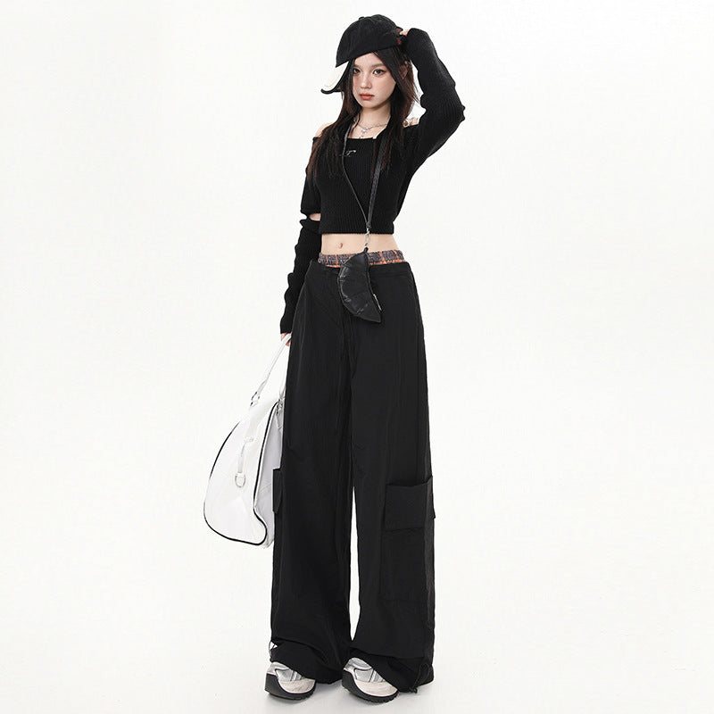 Women's Pants Plaid Splicing Trousers High Street Loose Wide-Leg Work Pants