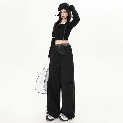 Women's Pants Plaid Splicing Trousers High Street Loose Wide-Leg Work Pants