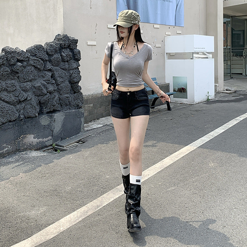 Women's Denim Shorts Summer Low Waist Distressed Slim Straight Leg Shorts