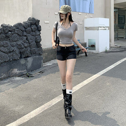 Women's Denim Shorts Summer Low Waist Distressed Slim Straight Leg Shorts