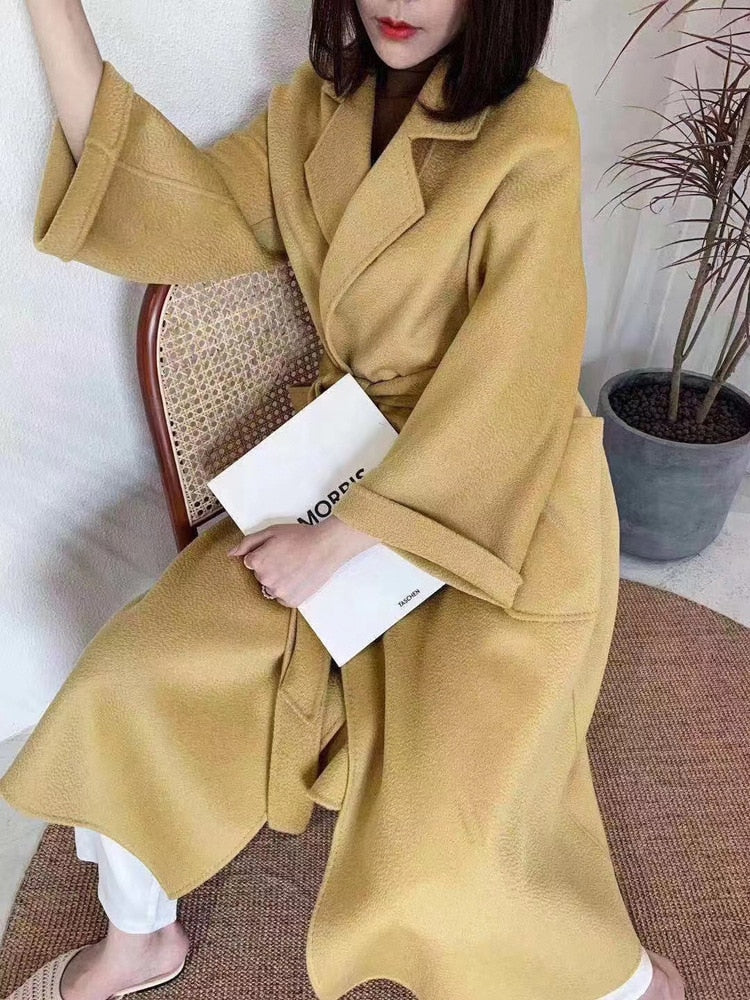 Popular High End Water Ripple Double-Sided Wool Coat Women Long Bathrobe Style Autumn Winter Coat For Female