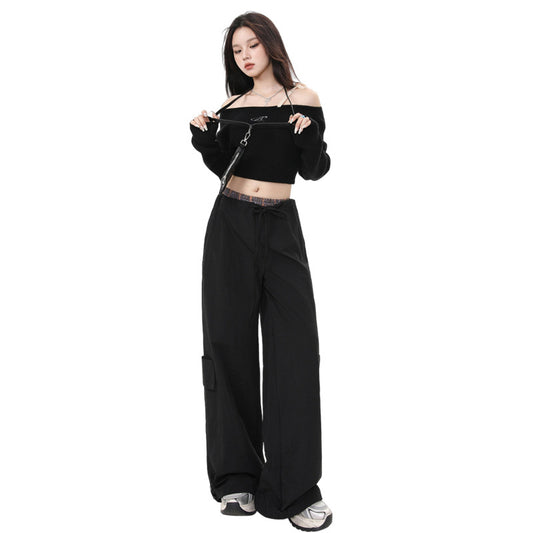 Women's Pants Plaid Splicing Trousers High Street Loose Wide-Leg Work Pants