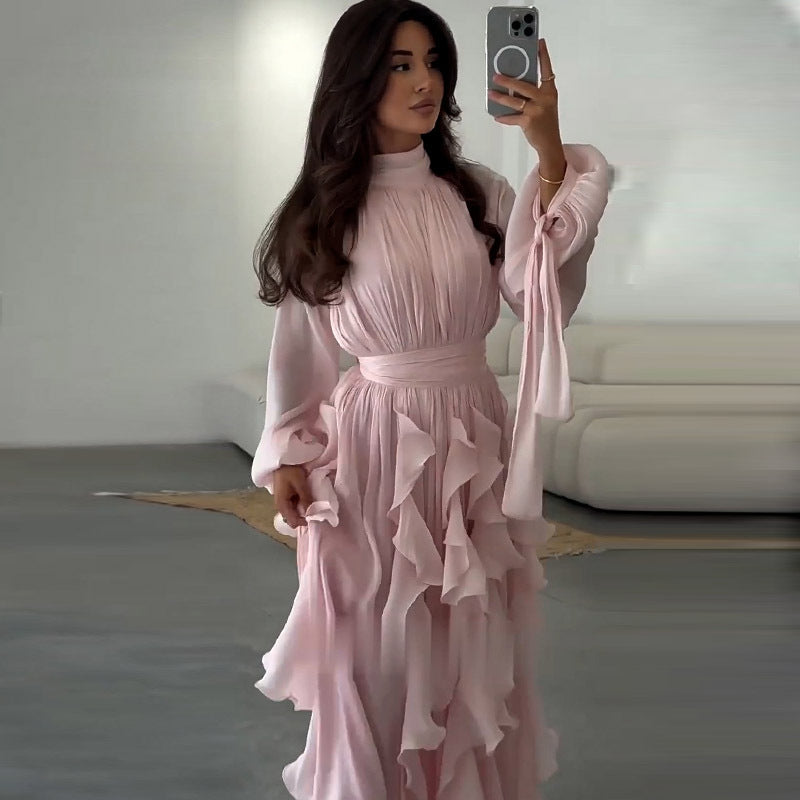 Elegant temperament ruffled slim fit dress