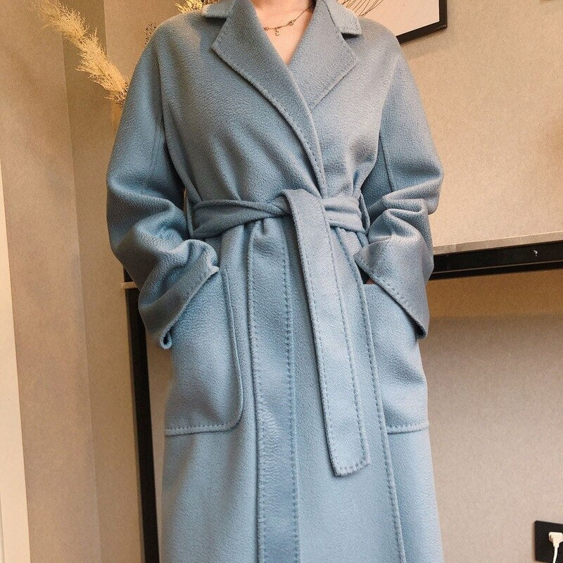Popular High End Water Ripple Double-Sided Wool Coat Women Long Bathrobe Style Autumn Winter Coat For Female
