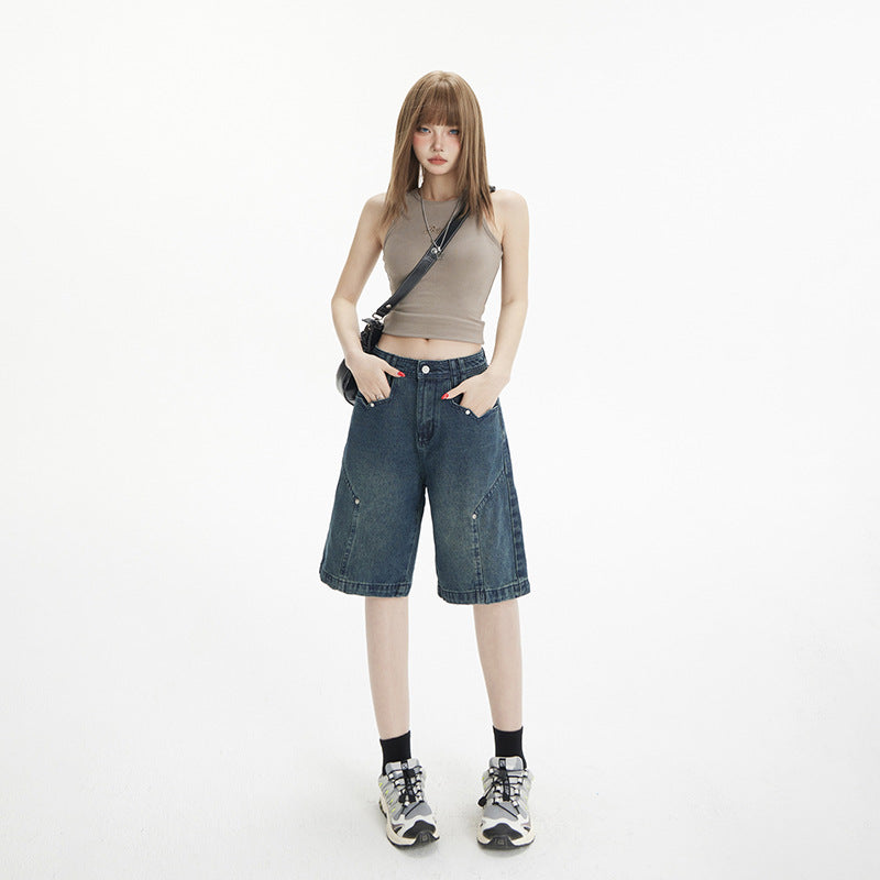 Women's Wide-Leg Patchwork Capri Pants High-Waist Versatile Straight Leg Denim Trousers