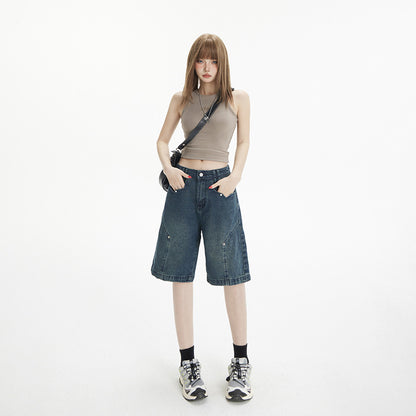 Women's Wide-Leg Patchwork Capri Pants High-Waist Versatile Straight Leg Denim Trousers