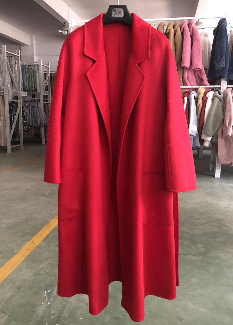 Popular High End Water Ripple Double-Sided Wool Coat Women Long Bathrobe Style Autumn Winter Coat For Female