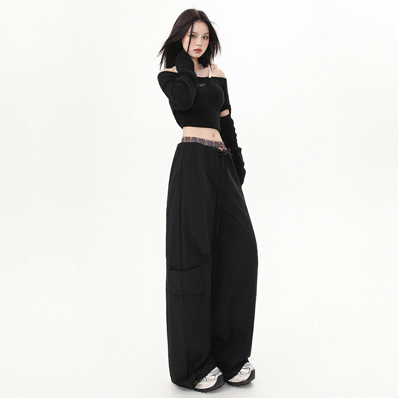 Women's Pants Plaid Splicing Trousers High Street Loose Wide-Leg Work Pants
