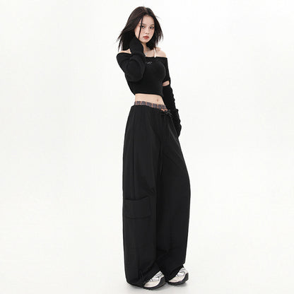 Women's Pants Plaid Splicing Trousers High Street Loose Wide-Leg Work Pants