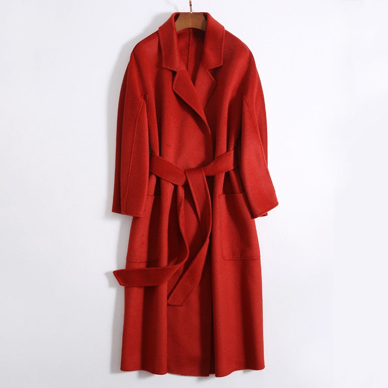 Popular High End Water Ripple Double-Sided Wool Coat Women Long Bathrobe Style Autumn Winter Coat For Female