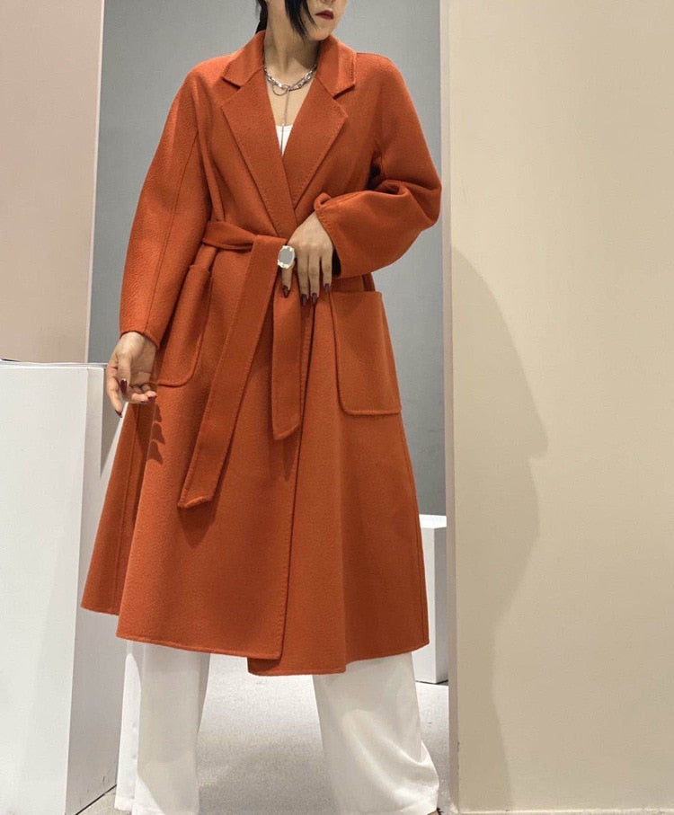 Popular High End Water Ripple Double-Sided Wool Coat Women Long Bathrobe Style Autumn Winter Coat For Female