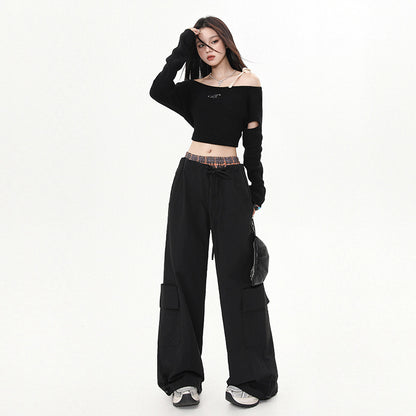 Women's Pants Plaid Splicing Trousers High Street Loose Wide-Leg Work Pants