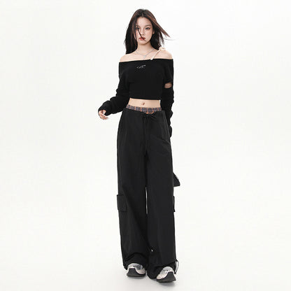 Women's Pants Plaid Splicing Trousers High Street Loose Wide-Leg Work Pants