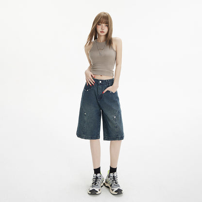 Women's Wide-Leg Patchwork Capri Pants High-Waist Versatile Straight Leg Denim Trousers