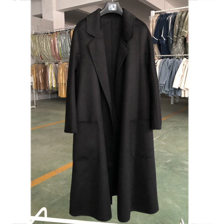 Popular High End Water Ripple Double-Sided Wool Coat Women Long Bathrobe Style Autumn Winter Coat For Female