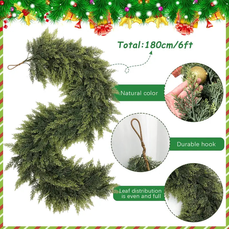 ✨6FT Real Touch Christmas Cedar Garland (2PCS) – Luxurious Greenery for Festive Table, Mantle & Outdoor Décor 🎅